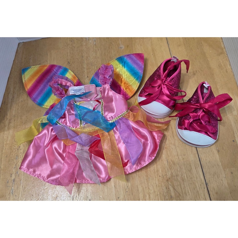 Build A Bear Clothing Outfit Colorful Rainbow Fairy Satin Tulle Dress Pink Shoes